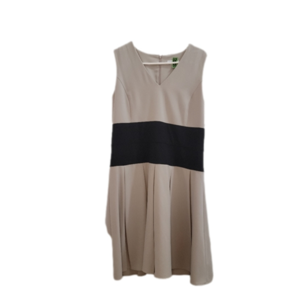 Calvin Klein Colorblock V-Neck Sleeveless Fit & Flare Oatmeal and Black Dress